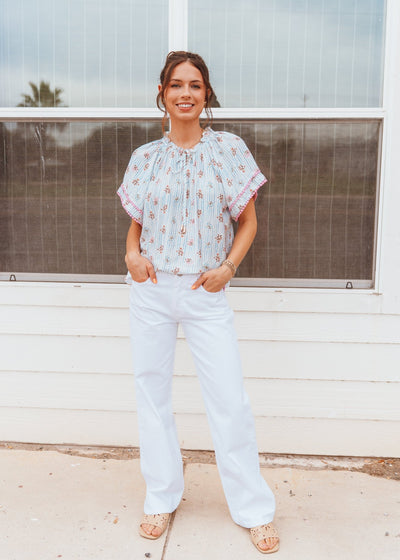 Blue Stripe Garden Party Short Sleeve Blouse IT18047 - Southern Soule Designs