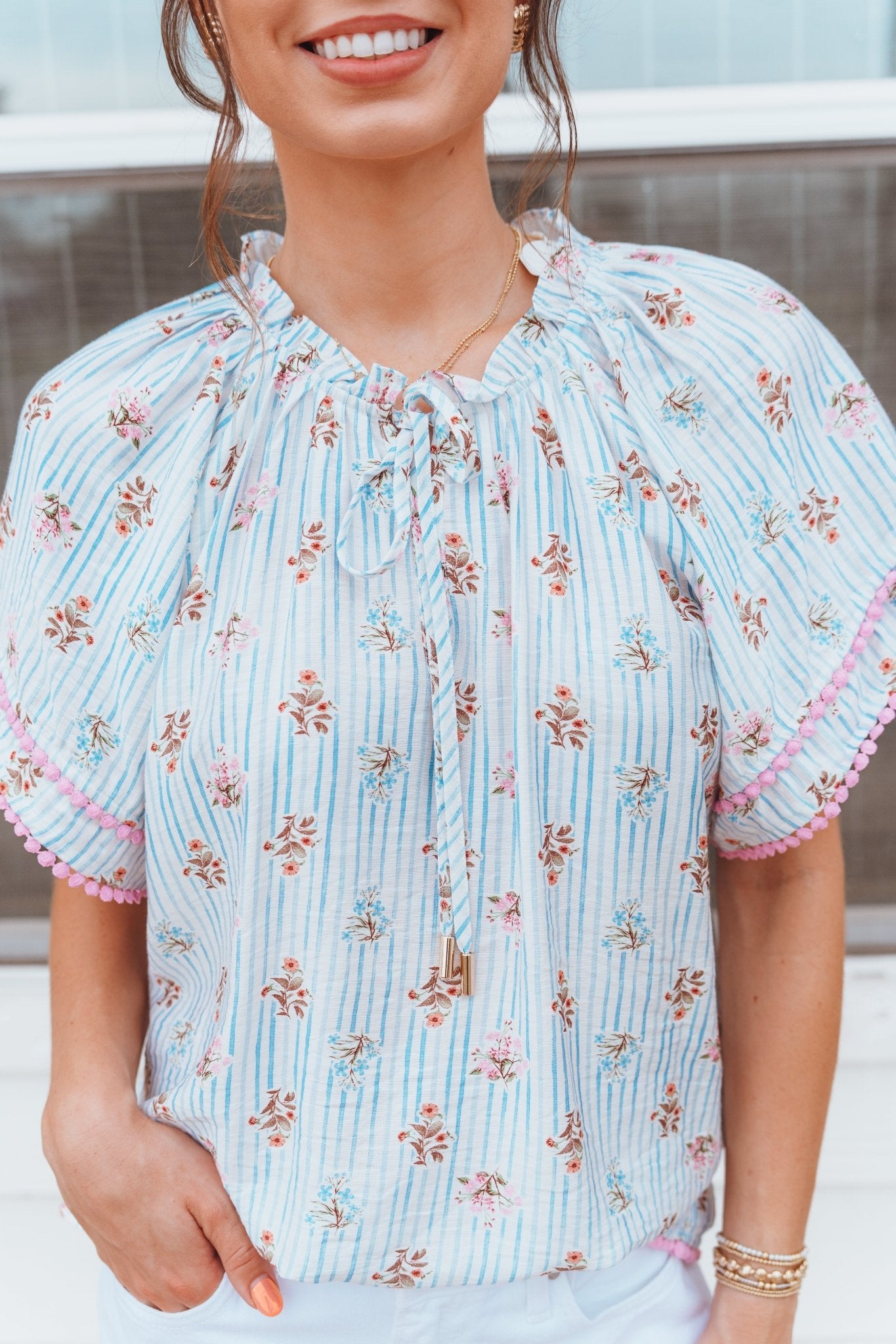 Blue Stripe Garden Party Short Sleeve Blouse IT18047 - Southern Soule Designs