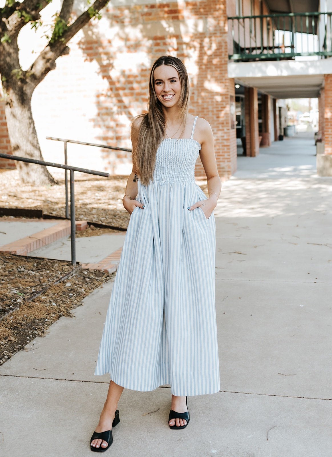 Blue Striped Fabric with Smocking Top Maxi Dress D6645 - Southern Soule Designs