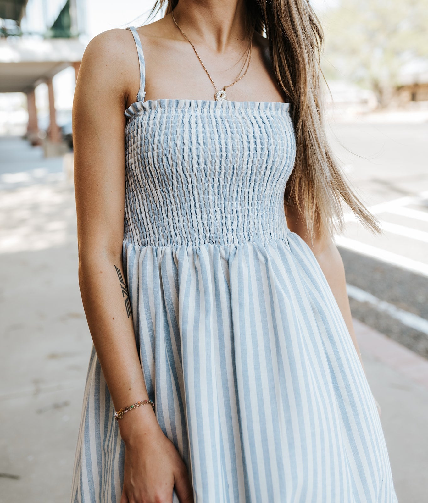 Blue Striped Fabric with Smocking Top Maxi Dress D6645 - Southern Soule Designs