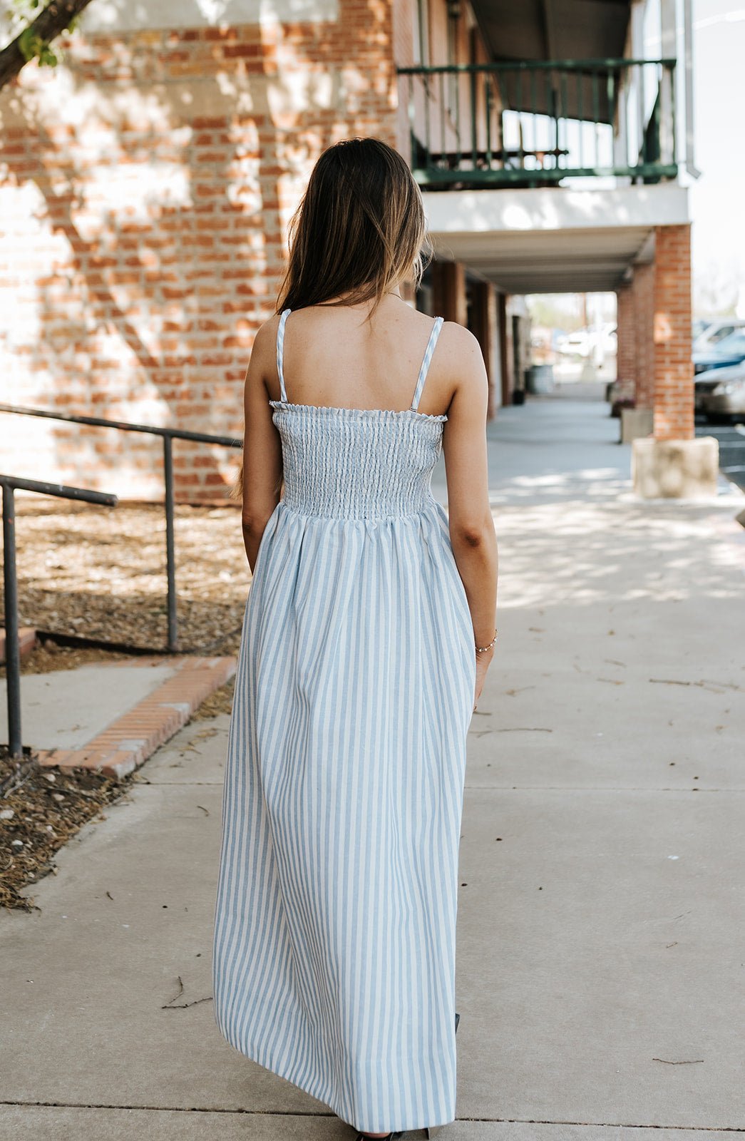 Blue Striped Fabric with Smocking Top Maxi Dress D6645 - Southern Soule Designs