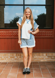 Blue Striped Ruffled Sleeve Top IFKT47465 - 01 - Southern Soule Designs