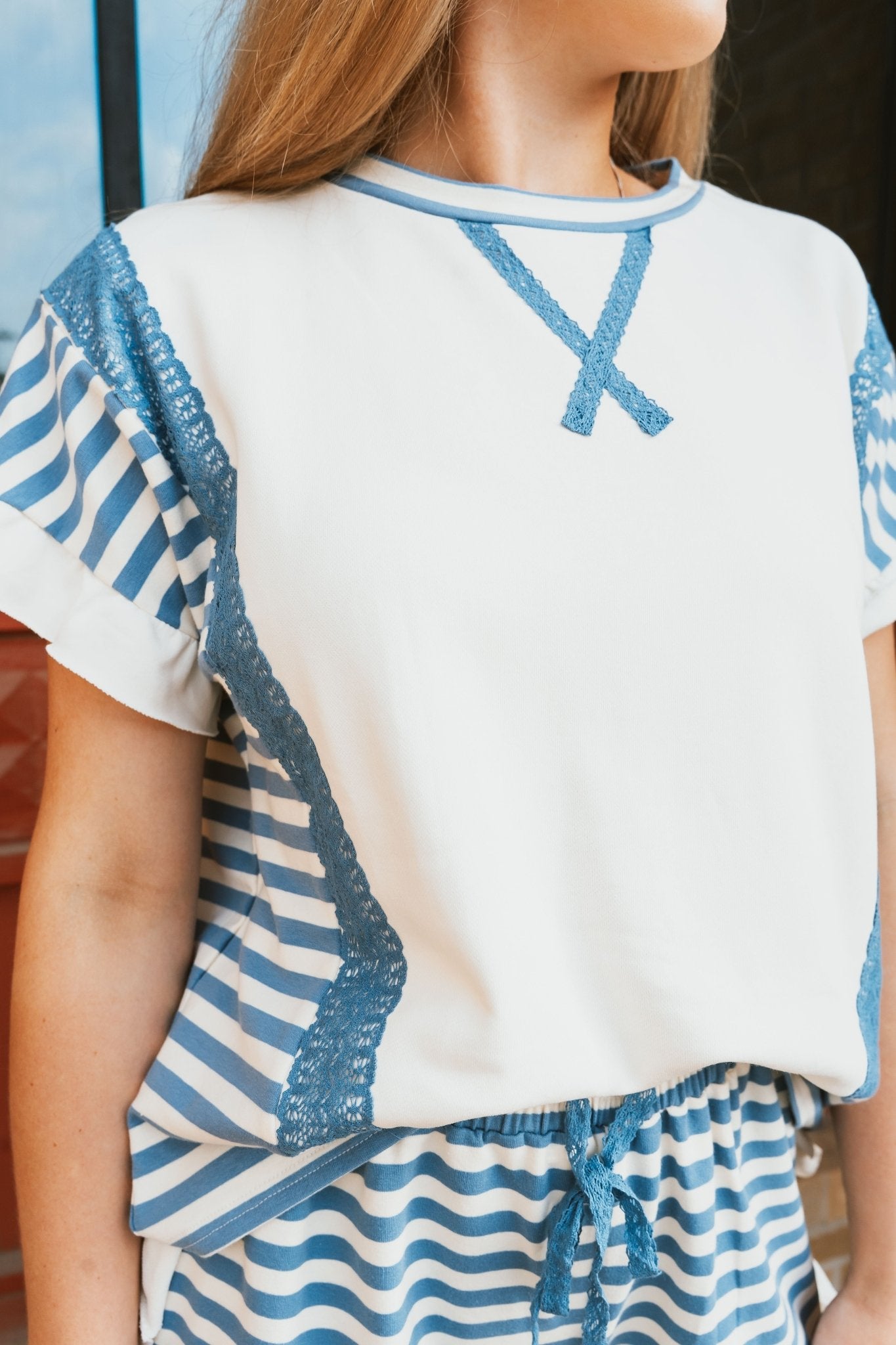 Blue Striped Ruffled Sleeve Top IFKT47465 - 01 - Southern Soule Designs