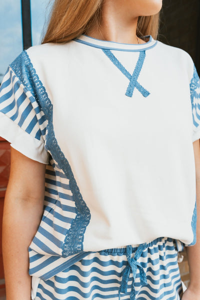 Blue Striped Ruffled Sleeve Top IFKT47465 - 01 - Southern Soule Designs