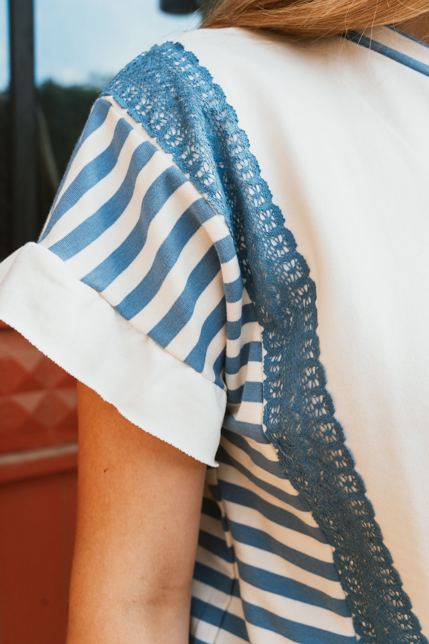 Blue Striped Ruffled Sleeve Top IFKT47465 - 01 - Southern Soule Designs