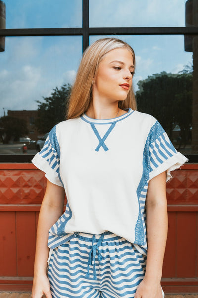 Blue Striped Ruffled Sleeve Top IFKT47465 - 01 - Southern Soule Designs