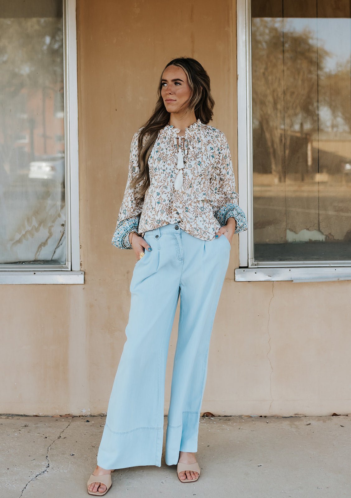 Blue Whimsy Print Flowy Long Sleeve Top VSP11662 - Southern Soule Designs