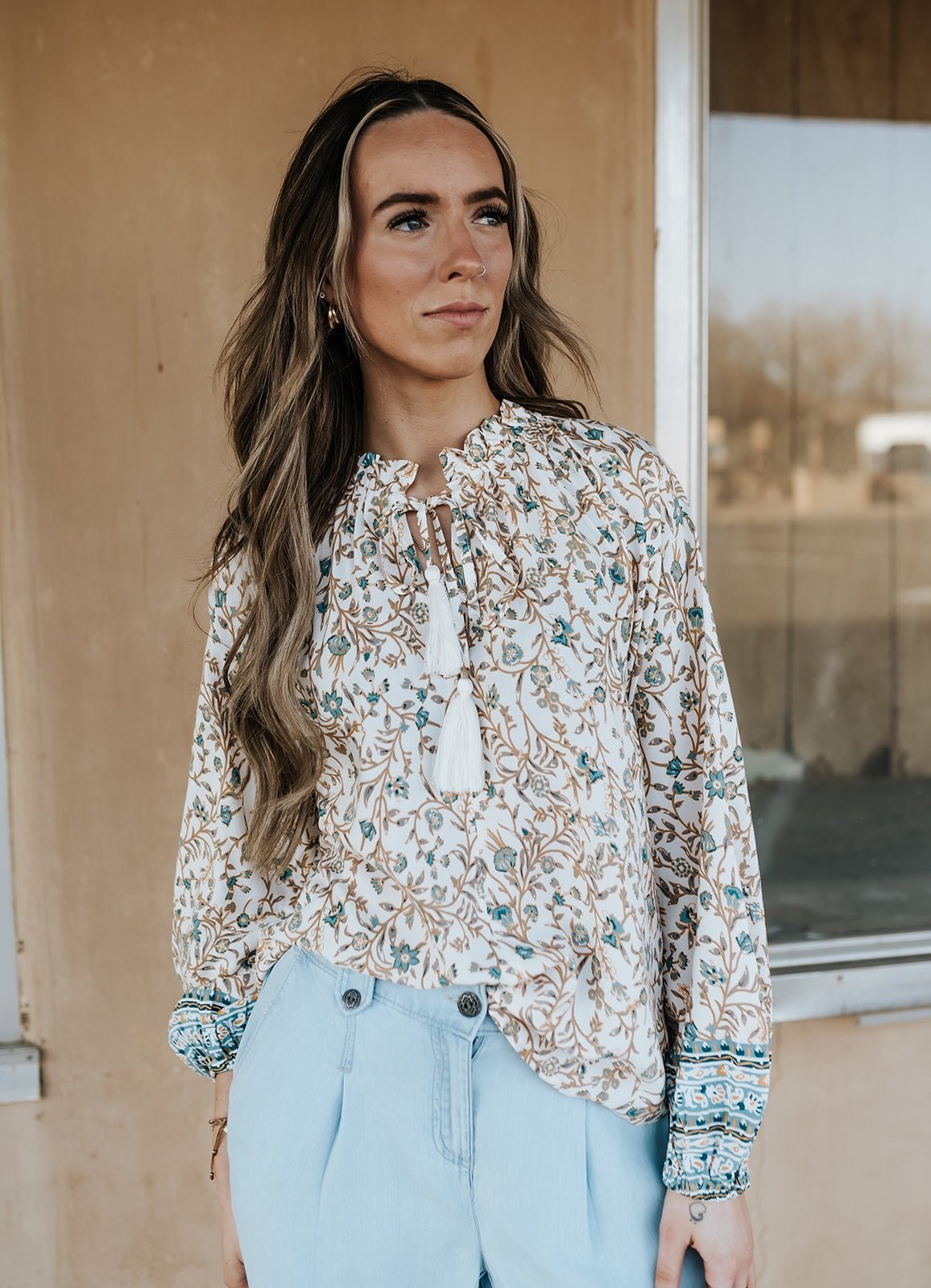 Blue Whimsy Print Flowy Long Sleeve Top VSP11662 - Southern Soule Designs