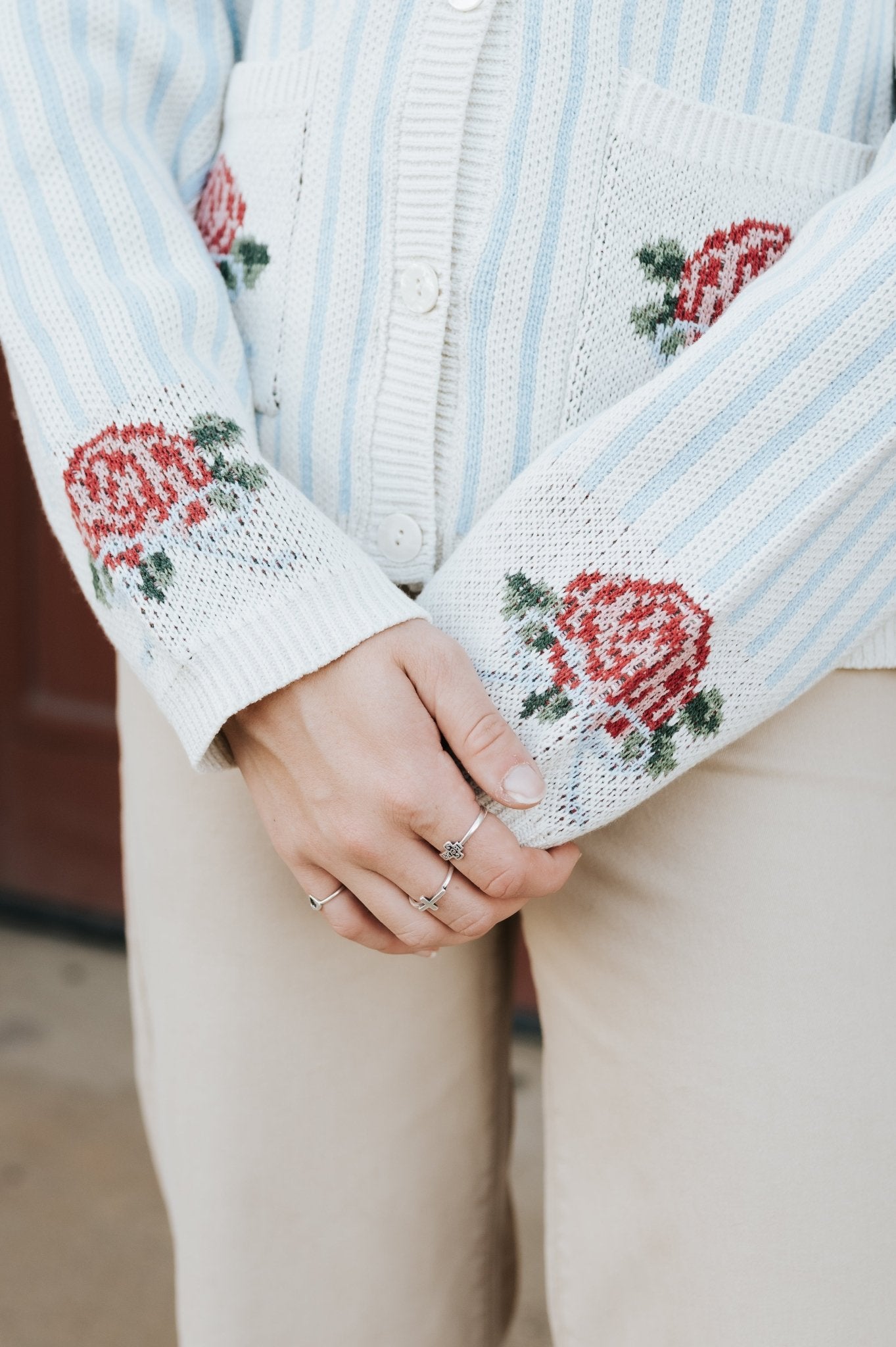 Blue/White Striped Cardigan W/ Flower Detail PWJ6280 - Southern Soule Designs