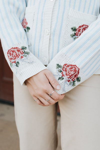 Blue/White Striped Cardigan W/ Flower Detail PWJ6280 - Southern Soule Designs