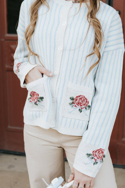 Blue/White Striped Cardigan W/ Flower Detail PWJ6280 - Southern Soule Designs