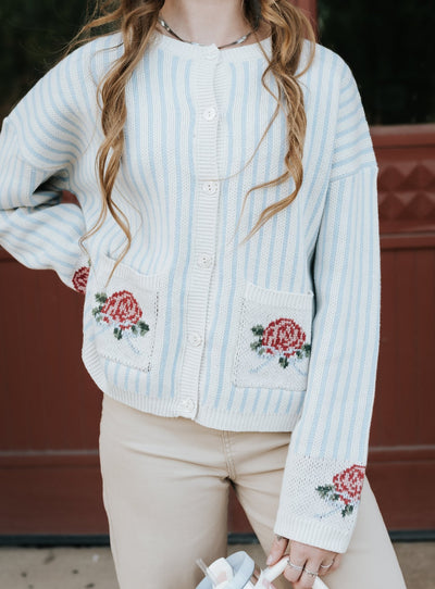 Blue/White Striped Cardigan W/ Flower Detail PWJ6280 - Southern Soule Designs