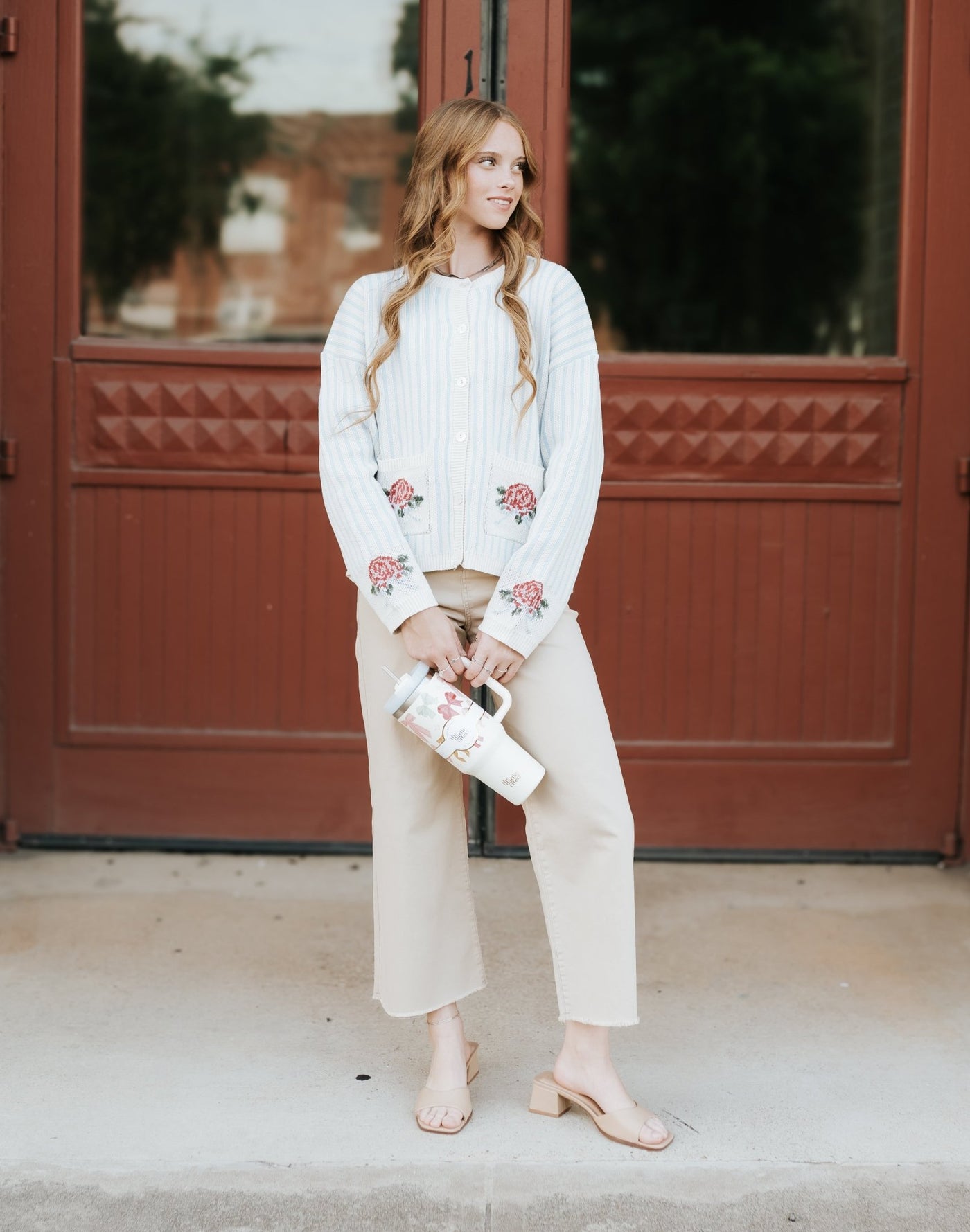 Blue/White Striped Cardigan W/ Flower Detail PWJ6280 - Southern Soule Designs
