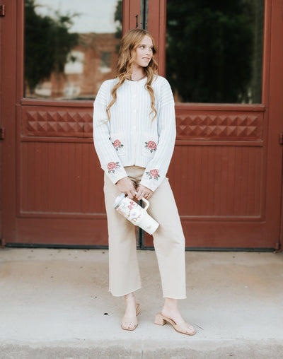 Blue/White Striped Cardigan W/ Flower Detail PWJ6280 - Southern Soule Designs