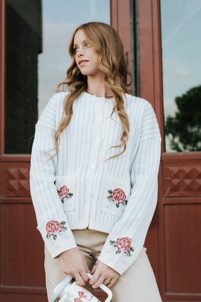 Blue/White Striped Cardigan W/ Flower Detail PWJ6280 - Southern Soule Designs
