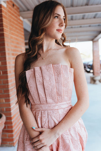 Blush Strapless Embossed Pleated Midi Dress D24125 - Southern Soule Designs