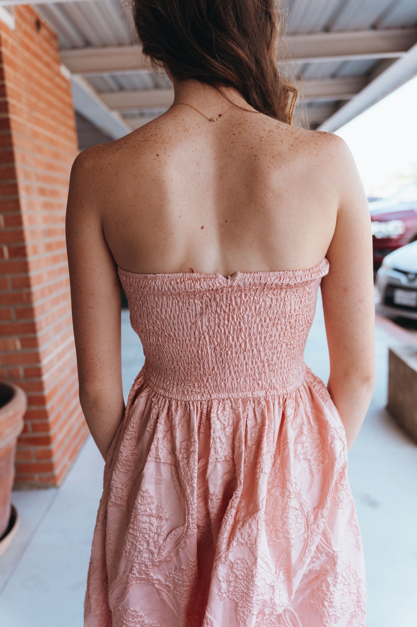 Blush Strapless Embossed Pleated Midi Dress D24125 - Southern Soule Designs