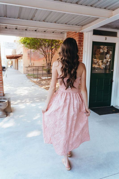 Blush Strapless Embossed Pleated Midi Dress D24125 - Southern Soule Designs