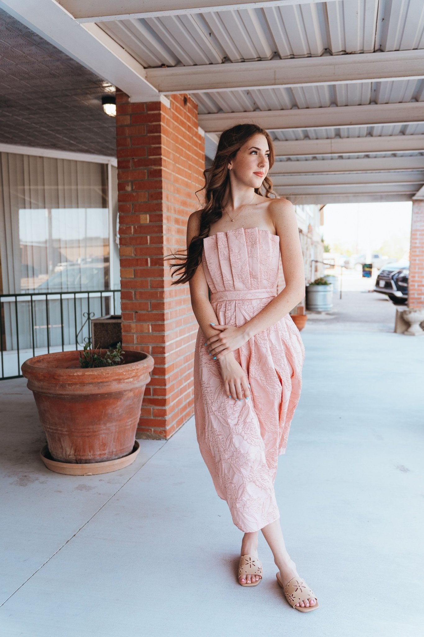 Blush Strapless Embossed Pleated Midi Dress D24125 - Southern Soule Designs