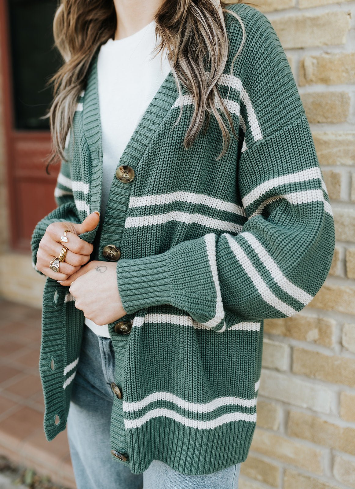 Boyfriend Striped Cardigan Hunter Green ZW253329 - Southern Soule Designs