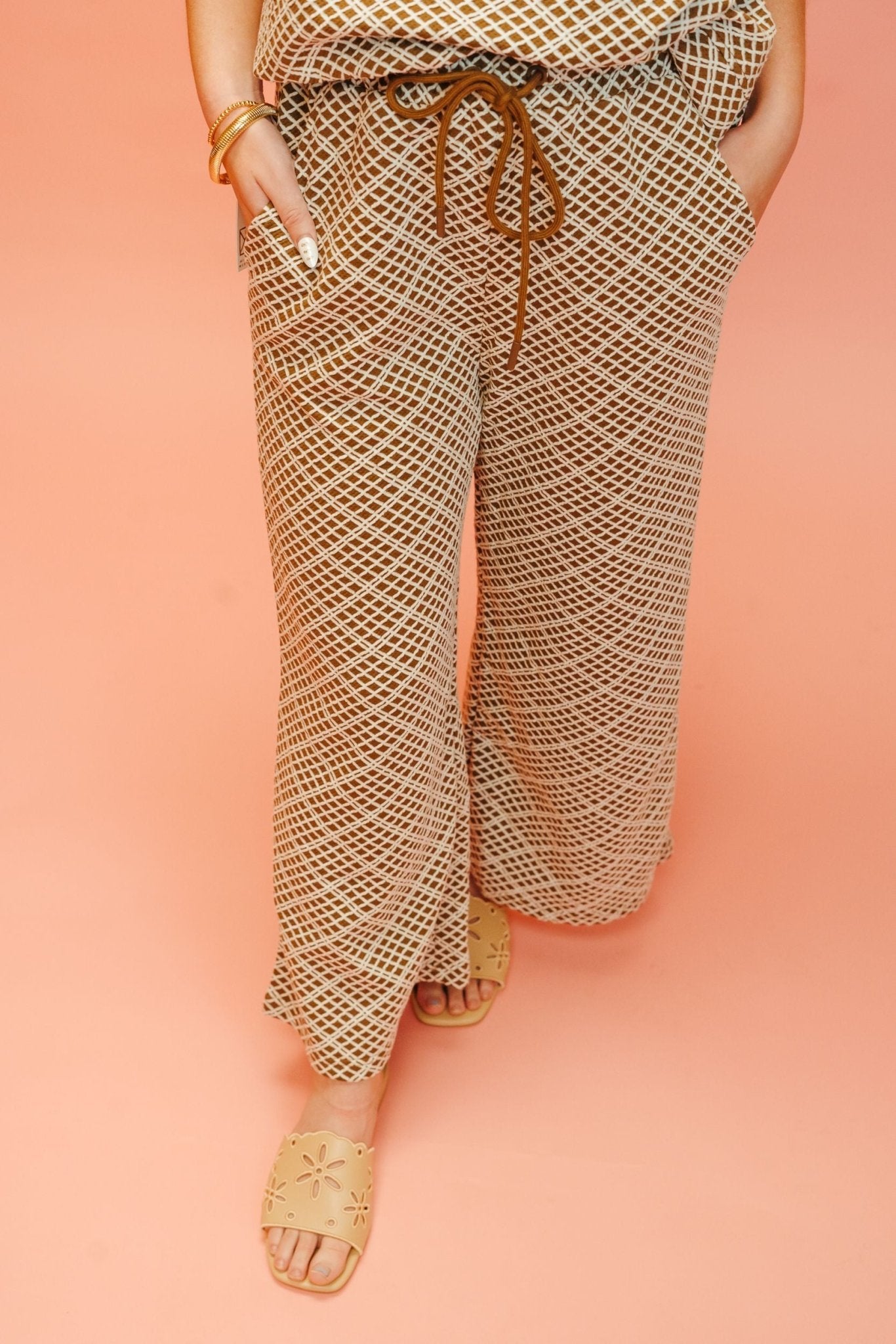 Brown Cropped Wide Texture Pants P7305 - Southern Soule Designs