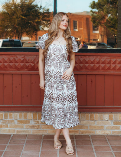 Brown Embroidered Puff Sleeve Maxi Dress UD2042 - Southern Soule Designs