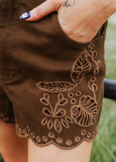 Brown Embroidered Scalloped Shorts ILP5285 - Southern Soule Designs
