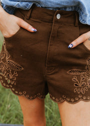 Brown Embroidered Scalloped Shorts ILP5285 - Southern Soule Designs