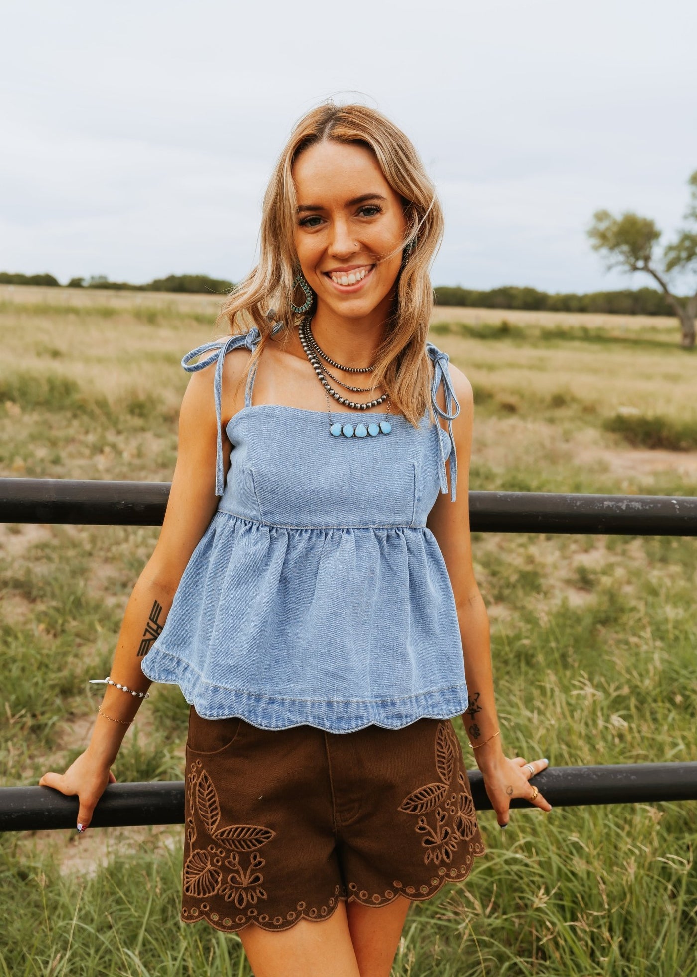 Brown Embroidered Scalloped Shorts ILP5285 - Southern Soule Designs