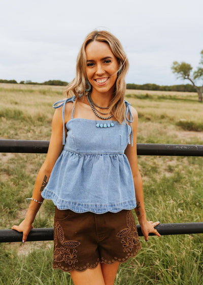 Brown Embroidered Scalloped Shorts ILP5285 - Southern Soule Designs