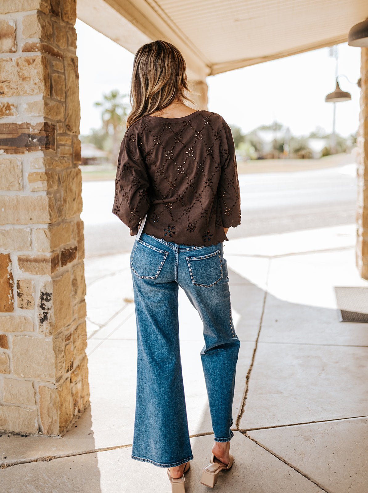 Brown Eyelet Embroidered Scallop Hem Tee EC12842 - Southern Soule Designs