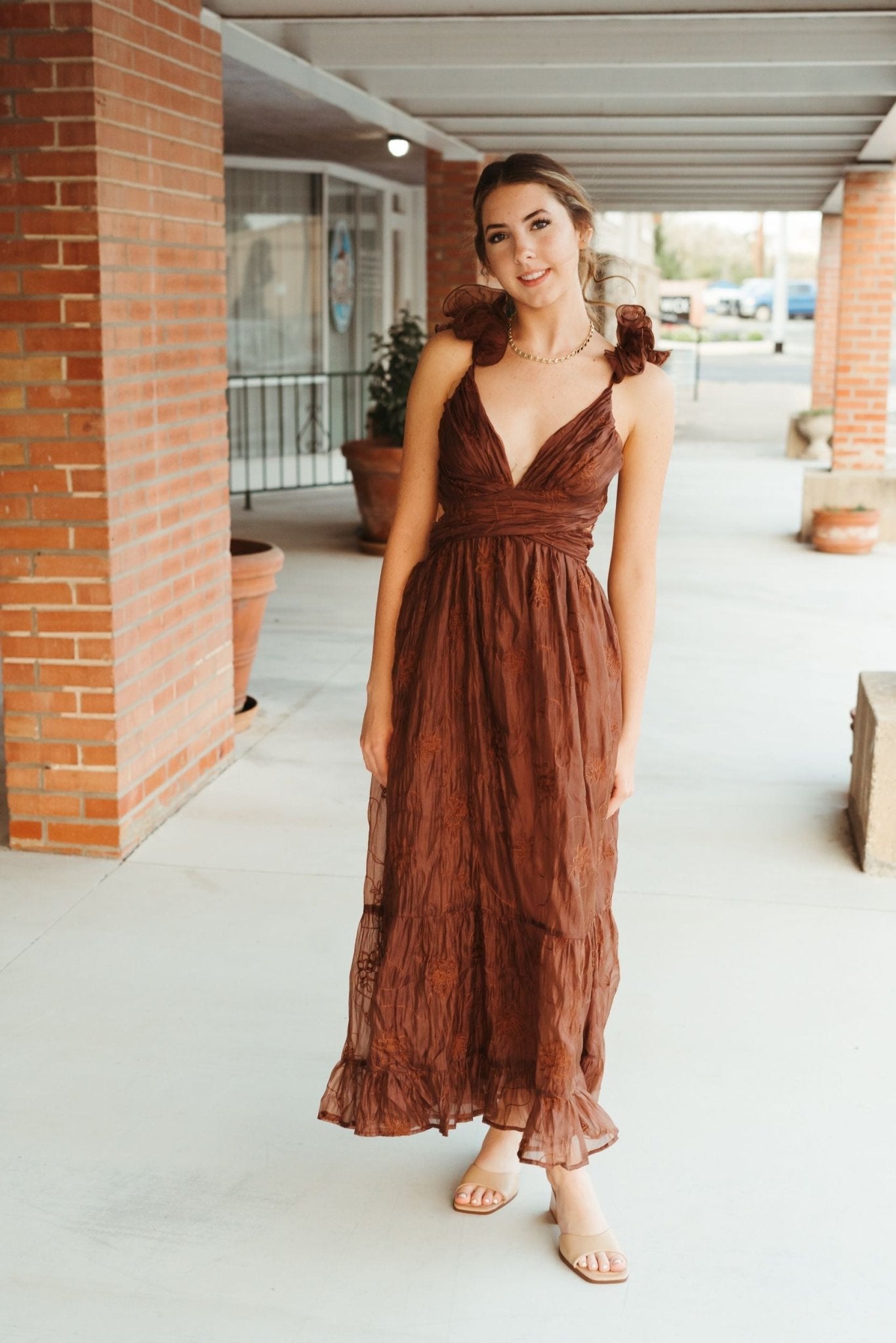 Brown Floral Embroidered Maxi Dress LD2163 Brown Floral Embroidered Maxi Dress LD2163