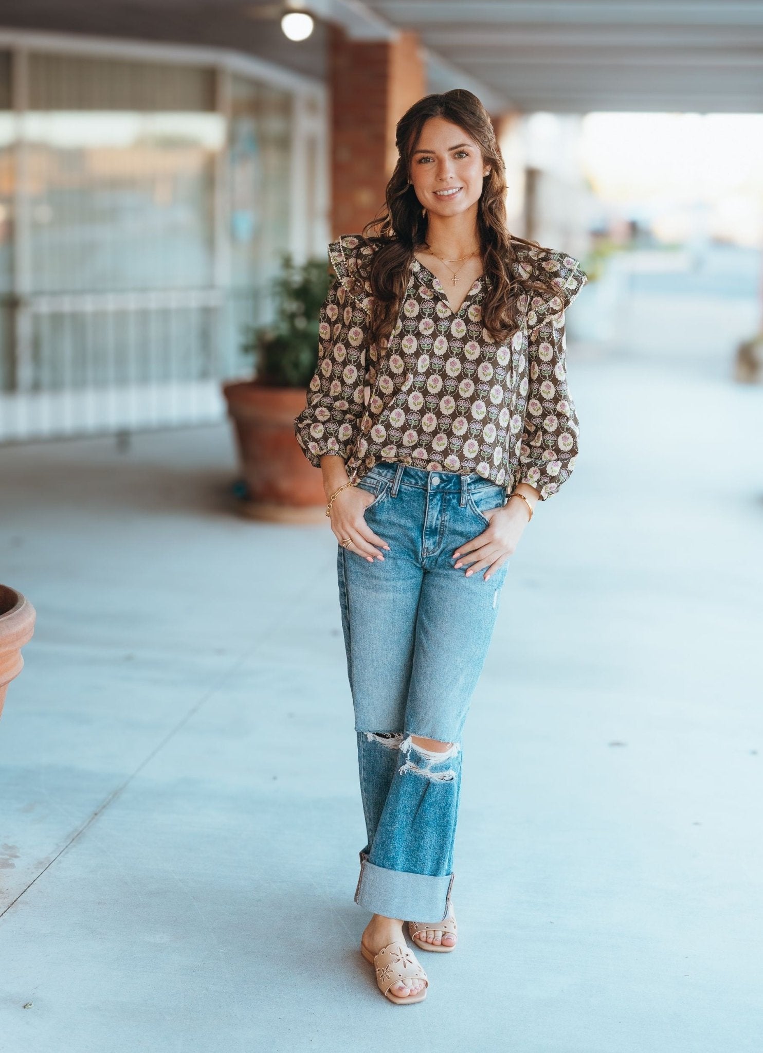 Brown Floral Print 3/4 Sleeve Top T25281 - Southern Soule Designs