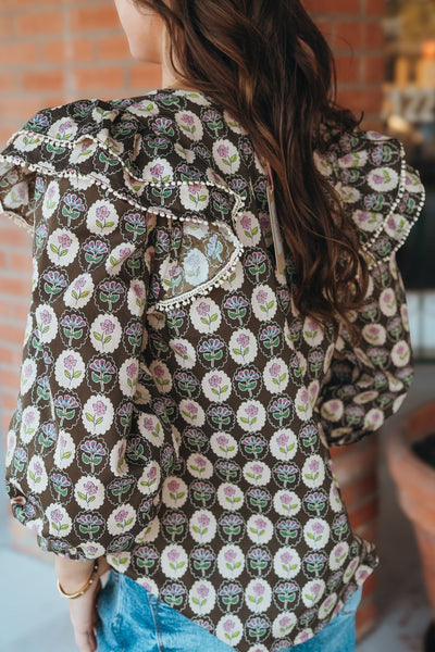 Brown Floral Print 3/4 Sleeve Top T25281 - Southern Soule Designs