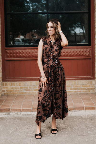 Brown Foliage Sleeveless Midi Dress MSP50149 - Southern Soule Designs