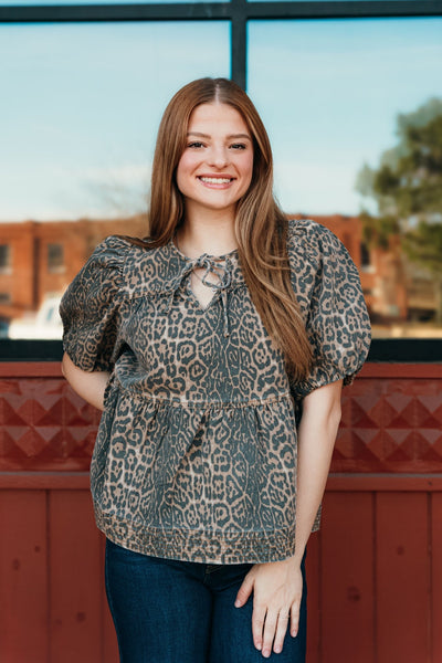 Brown Leopard Puff Sleeve Babydoll Top T25161 - Southern Soule Designs