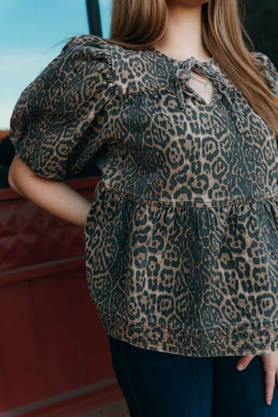 Brown Leopard Puff Sleeve Babydoll Top T25161 - Southern Soule Designs