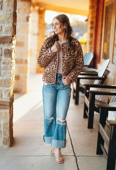 Brown Leopard Snap Jacket w/Print Detail J24807 - Southern Soule Designs