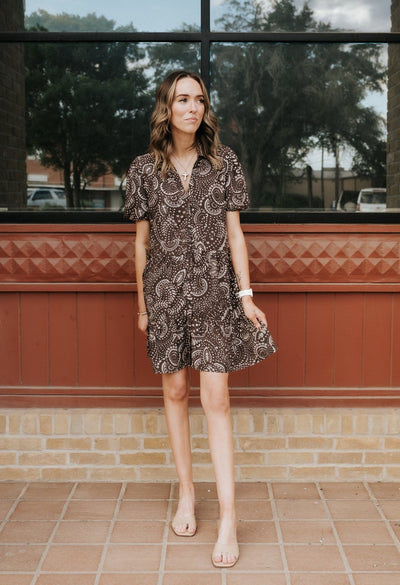 Brown Nazca Short Sleeve Mini Dress VTP50112 - Southern Soule Designs