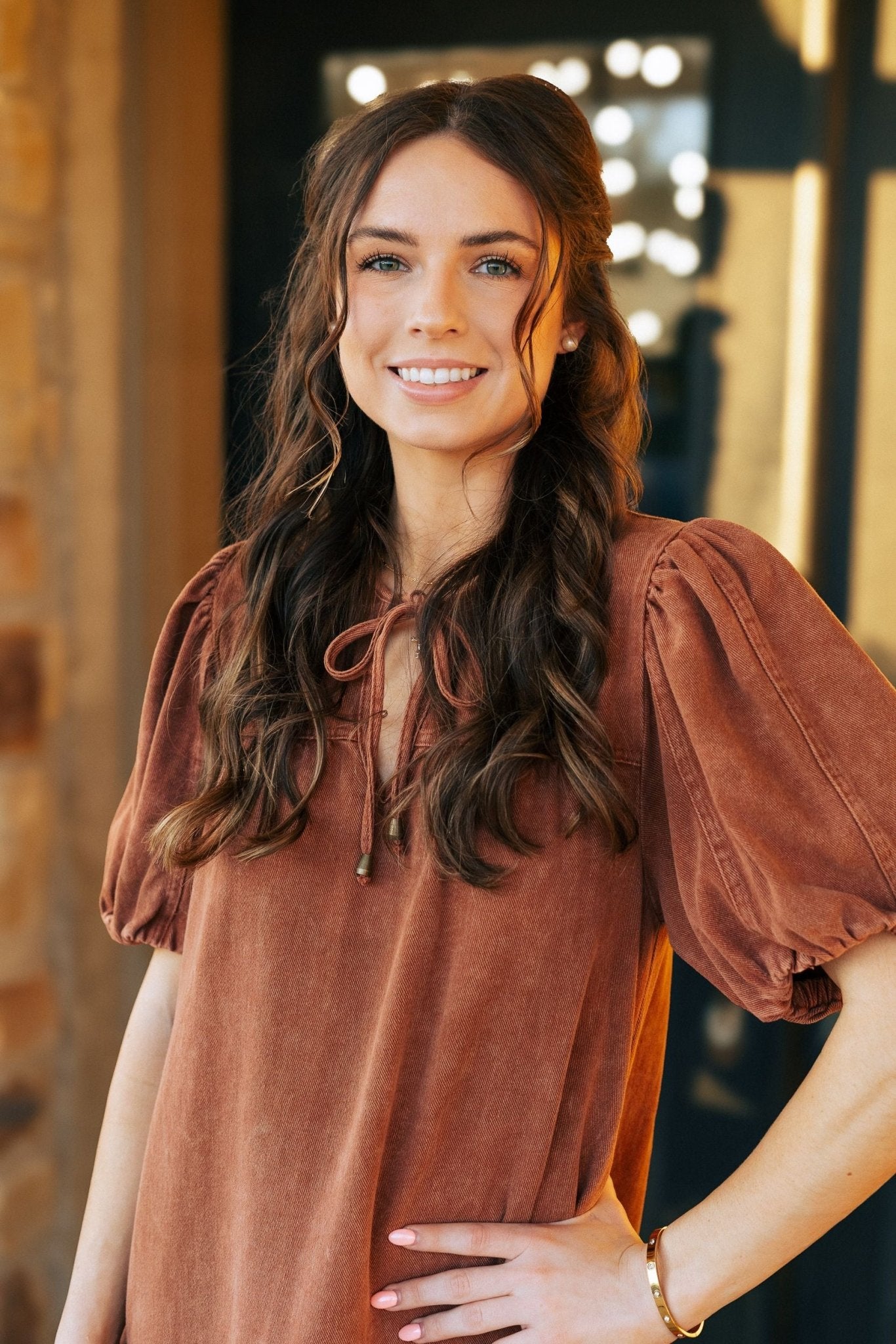 Brown Puff Sleeve Midi Dress with Pockets d25097 - Southern Soule Designs