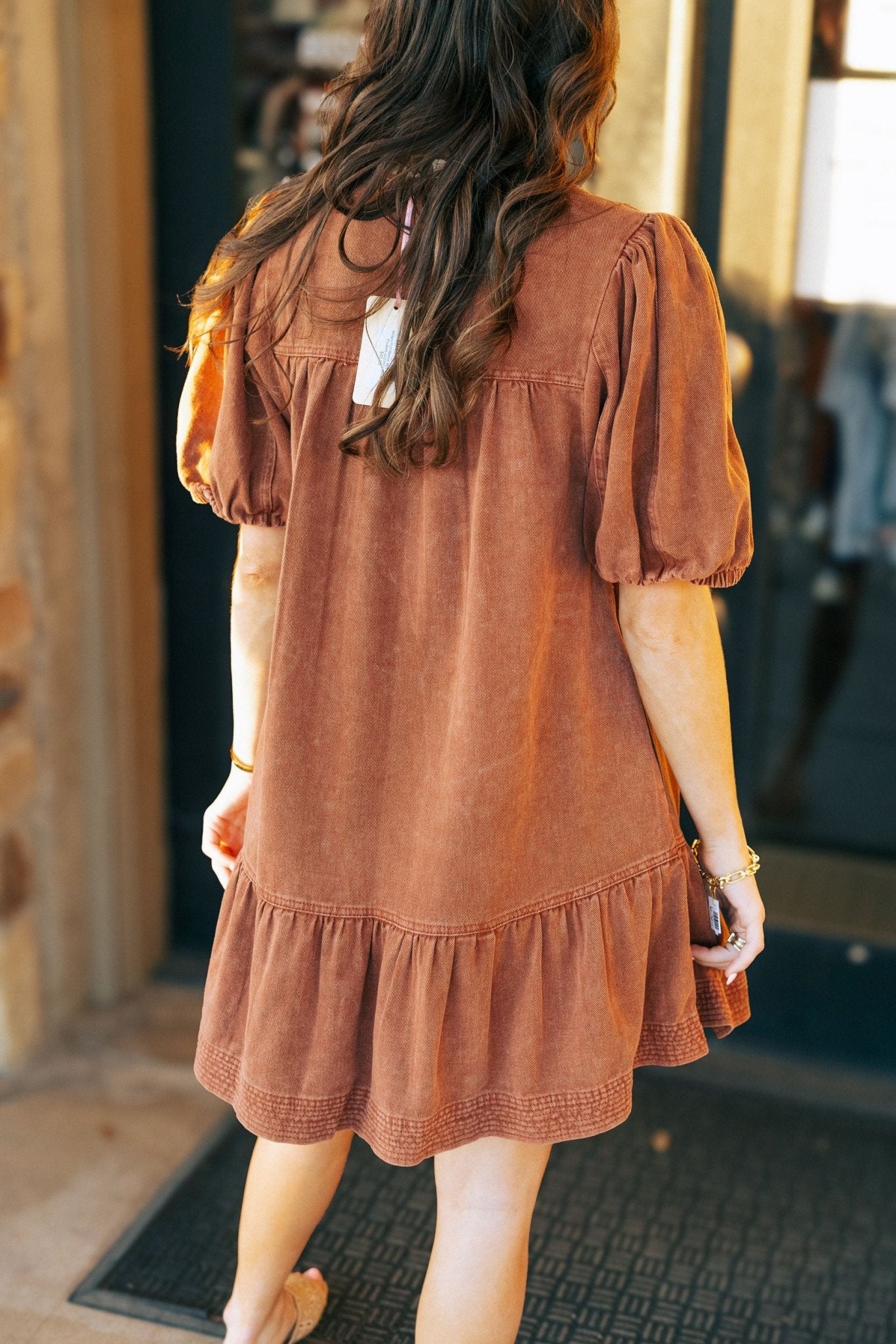 Brown Puff Sleeve Midi Dress with Pockets d25097 - Southern Soule Designs