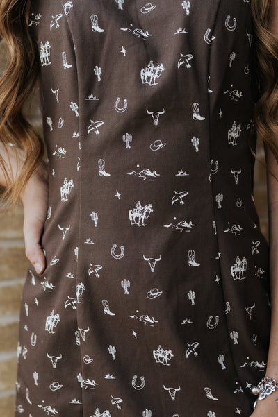 Brown Sleeveless Cowboy Graphic Mini Dress ID5624 - Southern Soule Designs