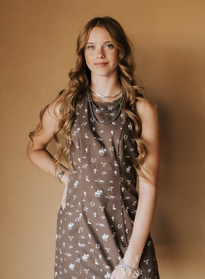 Brown Sleeveless Cowboy Graphic Mini Dress ID5624 - Southern Soule Designs