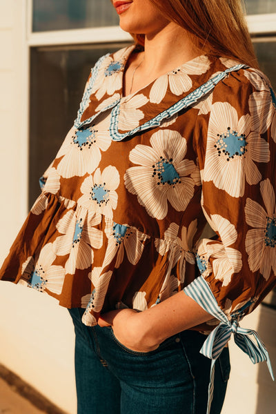Brown/Blue Floral 3/4 Sleeve Top T24944 - Southern Soule Designs