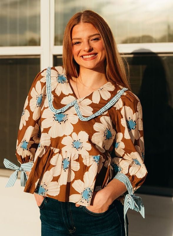 Brown/Blue Floral 3/4 Sleeve Top T24944 - Southern Soule Designs