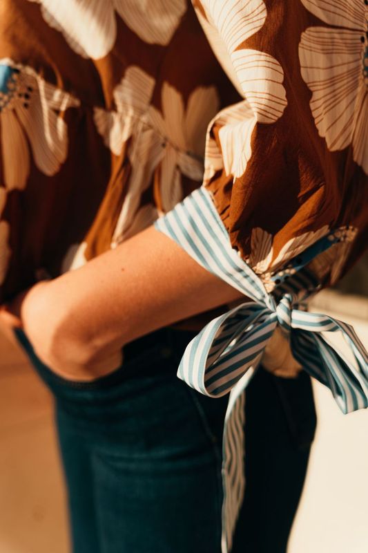 Brown/Blue Floral 3/4 Sleeve Top T24944 - Southern Soule Designs