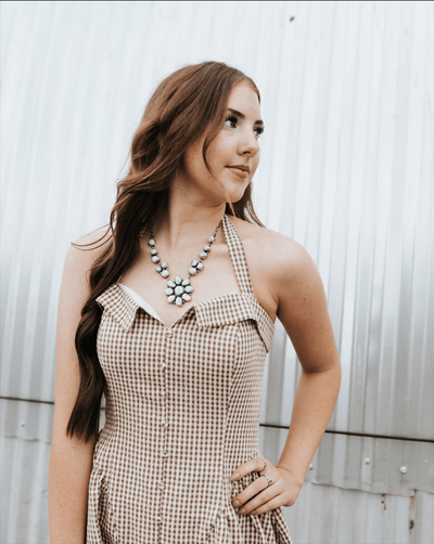Brown/Cream Gingham Halter Mini Dress PD6513 - Southern Soule Designs