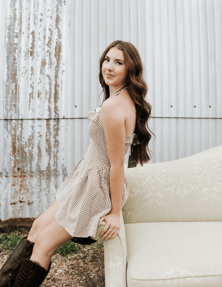 Brown/Cream Gingham Halter Mini Dress PD6513 - Southern Soule Designs