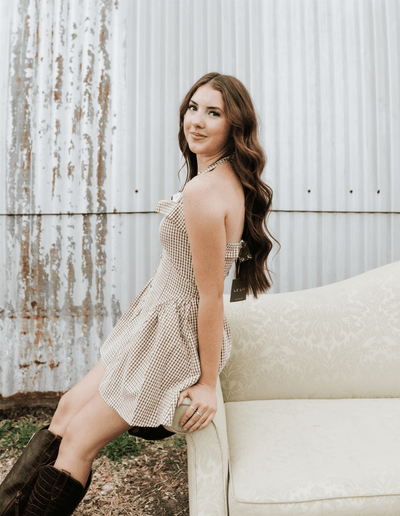 Brown/Cream Gingham Halter Mini Dress PD6513 - Southern Soule Designs