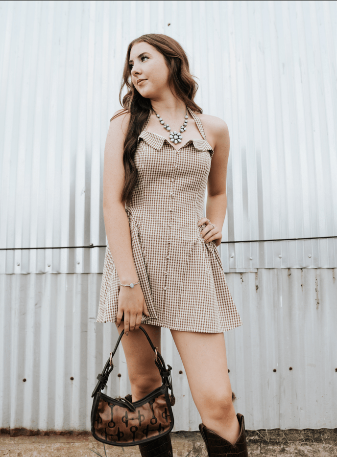 Brown/Cream Gingham Halter Mini Dress PD6513 - Southern Soule Designs